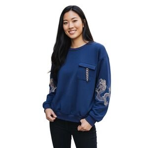 Blue Dragon Embroidered Sweatshirt Pocket Front‎ Chain Accent Pullover Top